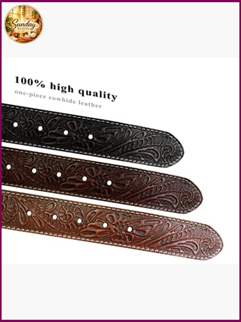 Full Grain Western Tooled Leather Strap Belt 1.5